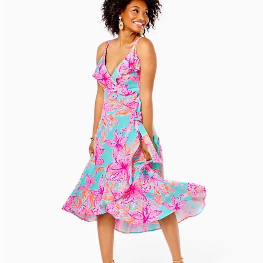 NWT Lilly Pulitzer Fontaine Knee Length Wrap Dress Surf Blue Bonita Blooms M